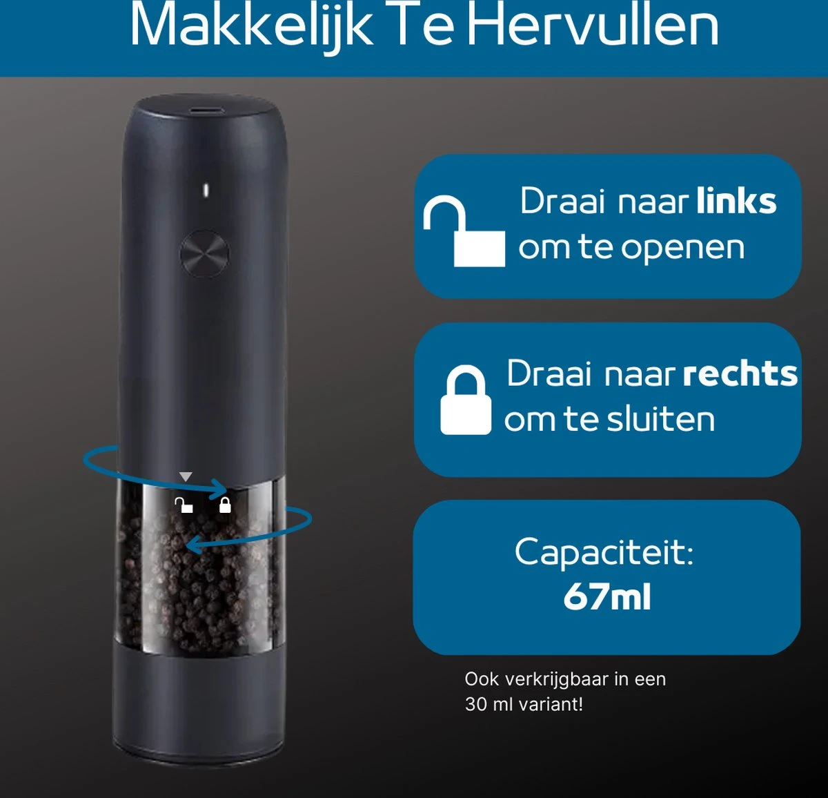 GOV Elektrische Peper- En Zoutmolen Zwart XL Set Oplaadbaar - Pepermolen - Peper En Zoutstel 3 GOV Elektrische Peper- En Zoutmolen Zwart XL Set Oplaadbaar - Pepermolen - Peper En Zoutstel - Afbeelding 3