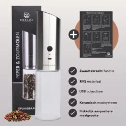DODANA Premium Peper - & Zoutmolen Elektrisch - 1 Stuk - Pepermolen - Zoutmolen - Oplaadbaar - USB - Elektrische Pepermolen - RVS - Zwaartekracht Functie - LED Lamp - Nl Handleiding - Incl Borsteltje -Keukengerei Winkel 1200x1199 11