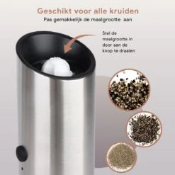 DODANA Premium Peper - & Zoutmolen Elektrisch - 1 Stuk - Pepermolen - Zoutmolen - Oplaadbaar - USB - Elektrische Pepermolen - RVS - Zwaartekracht Functie - LED Lamp - Nl Handleiding - Incl Borsteltje -Keukengerei Winkel 1200x1199 12